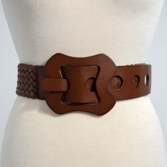 Wide Brown Leather Braided Belt Wide Chunky Buckle Structured - Women's Size S/M - Picture 1 of 8